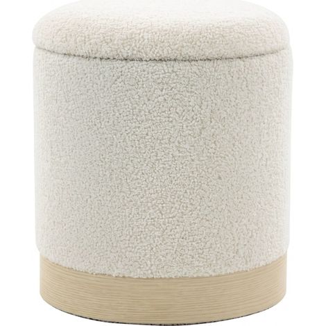 Puf contenedor redondo de 40 cm en sherpa blanco crema con base metálica efecto madera (1/4)