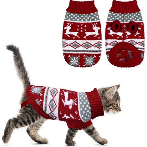 Pull Pour Chat Et Chien - Tricot Acrylique Hiver - Col Roulé Manches Longues - Motifs Renne Flocons De Neige - Rouge Blanc Gris - 1 Pièce (1/5)
