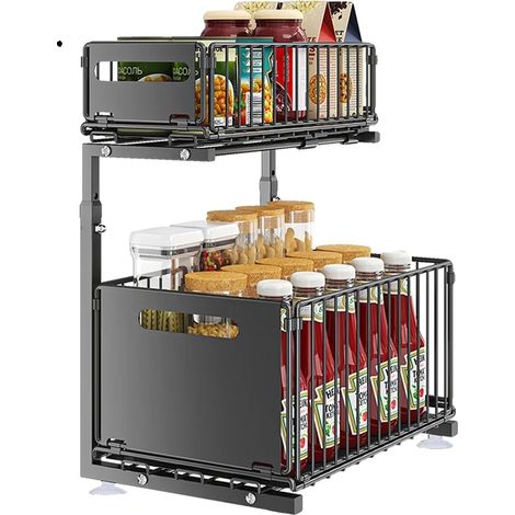 Organizador para debajo del fregadero, altura ajustable, construcción duradera, color negro. (1/2)
