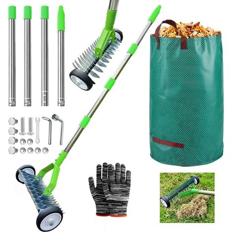 Scarificateur Manuel avec Roues, Verticuteur à Manche de 165 cm, Râteau Aérateur Sac à Déchets de Jardin, Râteau de Scarification Réglable, pour Nettoyer Les Pelouses Mortes et Réparer Les Jardins (1/5)