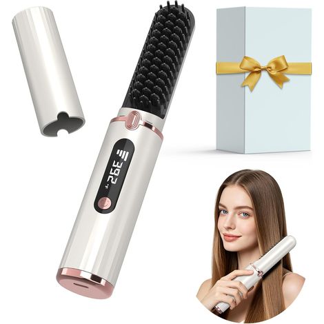 Hair Straightening Brush, Portable Cordless Hair Straightening Brush with LED Screen  4 Temperature Levels for Travelling, Durable and Nourishing Design for All Hair Types (White) (1/5)