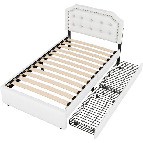 Lit capitonné 90x200 cm avec 2 tiroirs, lit simple beige clair, tête de lit réglable en hauteur, sommier à lattes inclus (1/5)