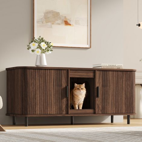 Meuble à litière pour chat, coffre avec portes coulissantes, double accès, meuble animalier pour deux bacs, aspect noyer, dimensions 140x50x60 cm, avec bac inclus (1/5)