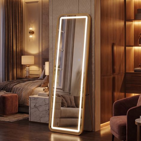 Standspiegel 150x40 cm, rechteckiger Ganzkörperspiegel mit 3-Farben-LED-System und Aluminiumrahmen, als Wandspiegel für Schlafzimmer und Ankleidezimmer, Gold (1/5)