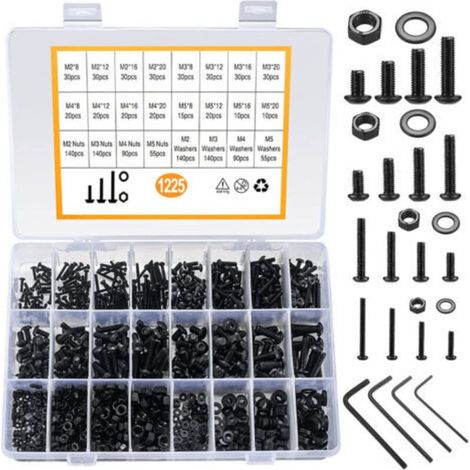 Assortiment de 1225 vis à tête hexagonale en acier au carbone M2 M3 M4 M5 avec écrous noirs pour fixation et assemblage (1/5)