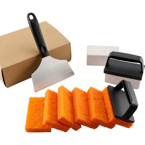 Kit de nettoyage pour plaques de barbecue 12 pièces - Kit de nettoyage robuste - comprenant des pierres à griller, un grattoir et une brosse - manche en acier inoxydable - Facile à utiliser - Kit de n (1/3)