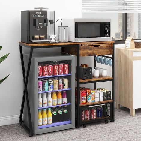 Support pour Minibar à Boissons avec Étagère Réglable (Marron) Tablette de Café Bar avec Mini Espace Réfrigérateur Plateforme de Travail Capacité de Stockage pour Bureau Cuisine (1/5)