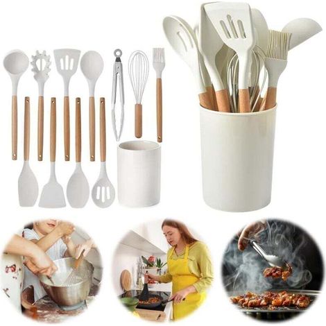 Ensemble de cuisine 12 pièces - Ustensiles de cuisine en silicone avec manches en bois - Ensemble d'accessoires de cuisine - Ensemble de spatules en silicone - Ensemble de cuisson antiadhésif