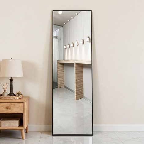 ADWOLT–Miroir sur pied 150x40 cm, Miroir Pleine Longueur,Miroir mural moderne ,Cadre en Aluminium,Verre trempé HD,Rectangulaire,Noir (1/5)