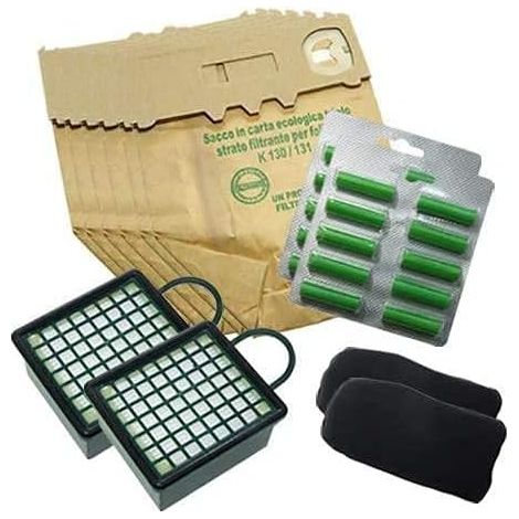FOLLETTO VK130 VK131 KIT : 12 SACCHETTI 20 PROFUMINI 2 HEPA 2 FILTRI CARBONE (1/4)