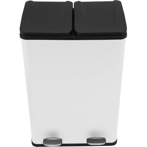 Cubo Basura Blanco Doble de Acero Inoxidable con Pedal 60L para Reciclaje y Residuos Generales Dos Compartimentos Extraíbles con Mangos Integrados Base de Goma Antideslizante Paño Microfibra GRATIS (1/5)