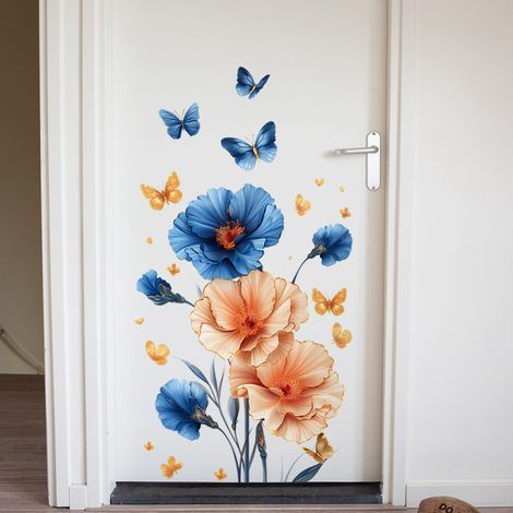 Lntyq Décalques muraux en vinyle pour salle de bain, chambre à coucher, salon Motif fleurs bleues et pêches avec papillons dorés (1/5)