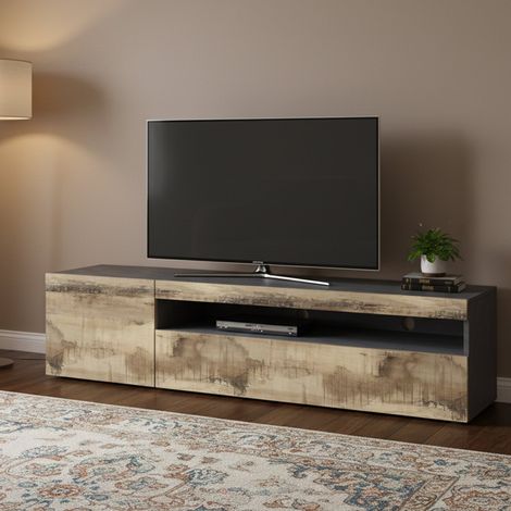 Dmora - Fernsehschrank Dbele, Niedriges Sideboard für Wohnzimmer, Sockel für TV-Möbel, 100 % Made in Italy, cm 150x40h37, Schiefer und Ahorn (1/3)