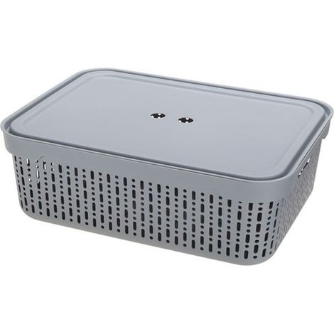 Cestino portaoggetti in plastica con coperchio per bagno, cucina e ufficio, dimensioni 39x30x13 cm, colore grigio, marca Lidia. (1/5)