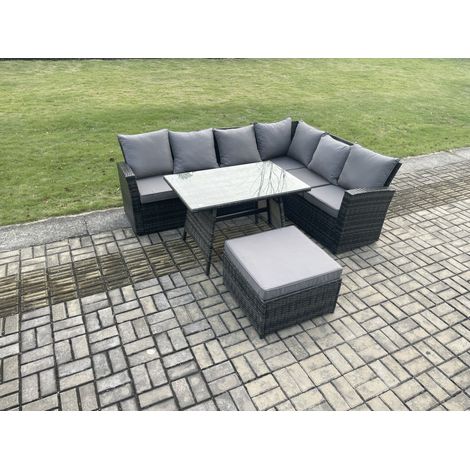 Fimous Gartenmöbel-Set Rattan Ecksofa Esstisch Set mit 2 Großer Hockern 7-Sitzer Dunkelgrau Gemischt