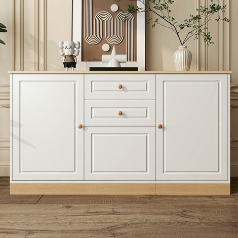 Credenza in truciolare bianco e effetto legno, 3 ante, 2 cassetti, ripiani regolabili, 135,5 cm