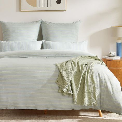 Housse de Couette 220x240 Coton Rayures avec 2 Taies d'oreiller 65x65 cm, 100% Coton Lavé, Certifié Oeko-TEX, Bleu-Vert Clair Rayée Parure de Lit 2 Personnes en Coton avec Fermeture Éclair (1/5)