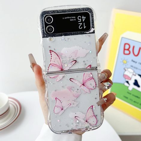 Coque pour Samsung Galaxy Z Flip 3/Z Flip 4 5G, Curly Wave Frame Étui en Silicone Liquide, Housse de Téléphone en Motif de Papillon Antichoc TPU Bumper Cover Case pour Filles Femme, Blanche (1/5)