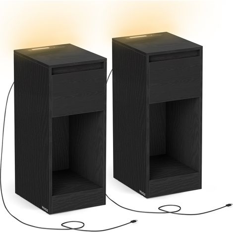 Vasagle – Lot de 2 tables de chevet étroites avec éclairage LED – 1 port USB-A, 1 port USB-C – Dimensions 30x25x59,5 cm – Noir boisé