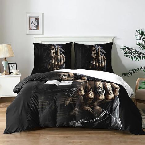 Housse de Couette Motif de Crâne 200x200 cm,Enfant Parure de lit imprimé Ensemble 3D literie Gothique, 1 crâne Housse de Couette + 2 taies d'oreiller 65 x 65 cm.(K2x200) - 200x200 (1/5)