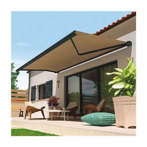 Store banne coffre intégral HEVOA (Motorisation à télécommande + Manœuvre de secours + LED - Gris anthracite RAL 7016 - Taupe 250g/m² - 4.00 x 3.00 m) (1/4)