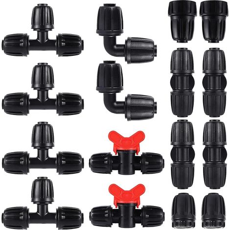 Kit de raccords pour tuyaux d'irrigation PE 16 mm, comprenant 16 pièces : té, vanne, té de réduction, bouchon 6 voies et coude. (1/5)