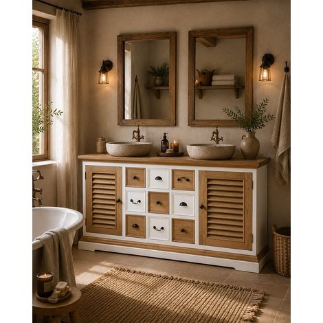 Inda - Grand meuble salle de bain en bois massif blanche et naturelle (1/5)