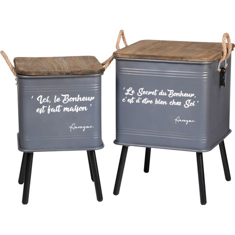 Set di 2 tavoli grigi in metallo stile industriale con maniglia in corda. Collezione HAPPINESS (1/2)