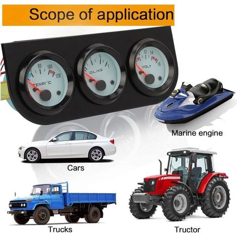 Universelles Dreifach-Instrumentenset für Autos – Wassertemperaturanzeige 40–120 °C – Voltmeter 8–16 V – Öldruckanzeige 0–7 kg – 52 mm (1/4)
