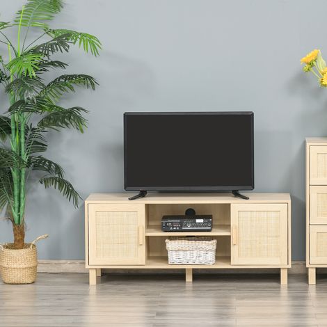 Meuble TV en bois clair avec rangements, 2 niches et 2 armoires à portes cannage rotin, 115L x 40l x 48H cm, MDF, meuble téléviseur scandinave (1/5)