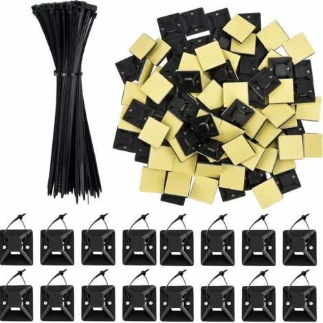 100Pcs Attaches de Câble Adhésifs en Nylon Câble Tie Noir Collier de Serrage Supports avec 100Pcs Embases Adhesive Base de Serre-Câbles pour les Fils Intérieurs et Extérieurs, 3x150mm/20x20mm,Superma (1/5)