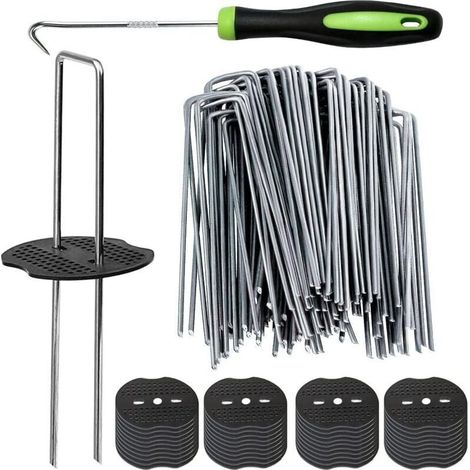 50 piquets pour membrane anti-mauvaises herbes + 50 rondelles tampons, tapis anti-mauvaises herbes 150 mm, agrafes métalliques pour jardin et paysage, piquets pour gazon artificiel, couvre-sol (1/4)
