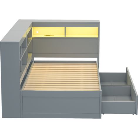 Letto singolo multifunzione 90x200 cm in legno con contenitori USB LED e cassetti grigio (1/5)