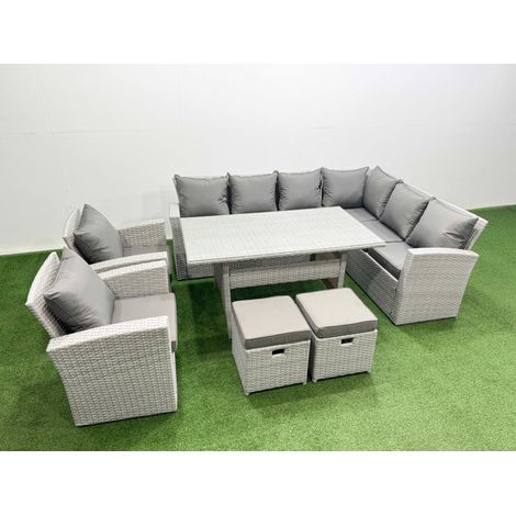 Fimous Rattan Garden Furniture Set Outdoor 10 Seater Patio Dining Corner Sofa Sets with Dining Table Chair 2 Small Footstool Light Grey Mixed (1/4)