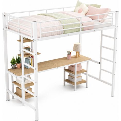 Lit mezzanine 90x200 avec bureau et étagères, structure en métal et MDF, blanc, échelle latérale et barrière de sécurité, pour chambre enfant - CHICFURN (1/5)