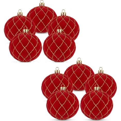 10 Palle per Albero di Natale grandi 10cm Velluto ROSSO con Decorazioni  oro  Palla sfera natalizia' addobbi rossi ghirlande Eleganti e particolari  arredo casa e locali commerciali (1/5)