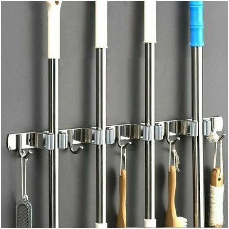 Besenhalter aus Edelstahl für die Garage, an der Wand montierter Moppständer, Aufbewahrungsbügelhalter für Küche und Waschküche (4 Schlitze und 5 Haken) (1/5)