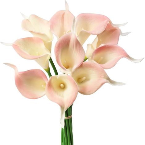 Lirios cala artificiales en miniatura (10 tallos): flores de látex realistas para ramos de novia, perfectas para la decoración del hogar y fiestas (azul verdoso y blanco).