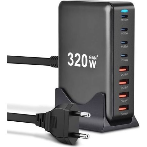 320-W-USB-C-Ladegerät, 8-Port-Multi-GaN-Wandladegerät mit 4 USB-C- und 4 USB-A-Anschlüssen, Schnellladestation-Adapter kompatibel mit MacBook Pro/Air Laptop, iPhone, iPad Pro, Galaxy und SteamDeck (1/5)