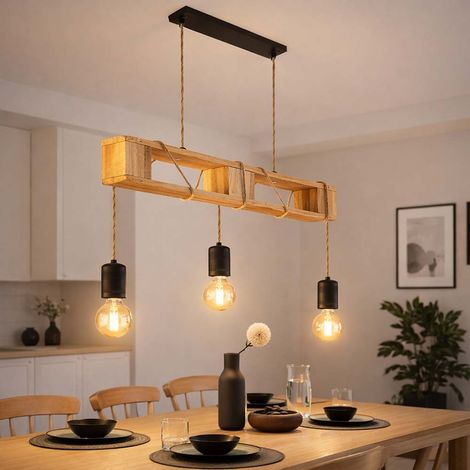 Pendelleuchte Holzlampe 3 flammig Esstischlampe Paletten Design Hängelampe zum verstellen, Metall Holz, schwarz braun, 3x E27 Fassungen, LxBxH 83x10x120 cm