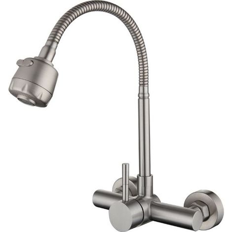 Robinet de cuisine robinet d'évier mural en acier inoxydable 304, robinet d'évier pivotant à 360° avec tuyau flexible (1/4)