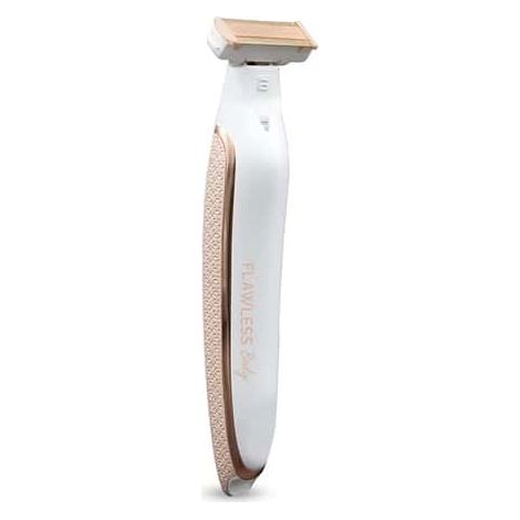 Kit de rasoir et tondeuse rechargeable pour femme, blanc et or rose, épilation douce et précise, sans irritation, usage corporel, rechargeable, design élégant.