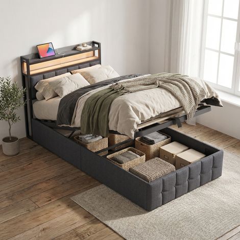 Letto contenitore 90x200, illuminazione LED RGB e porte USB/Type-C, letto singoli, letto per adulti sollevamento idraulico, testiera con contenitore integrato, lino, stile moderno, Grigio (1/5)