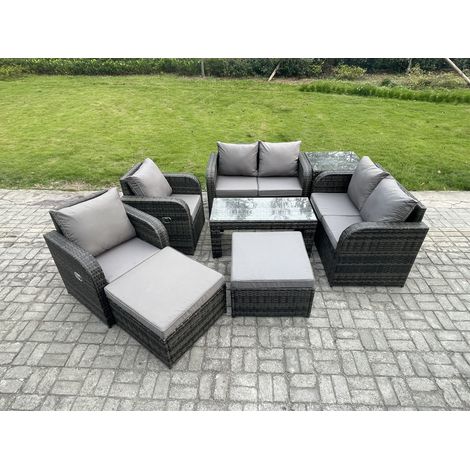 Fimous 8 PCS Gartenmöbelset Rattan Garten Sofa im Freien Tisch Sessel mit Gehärteter Glastisch Dunkelgrau Gemischt (1/5)
