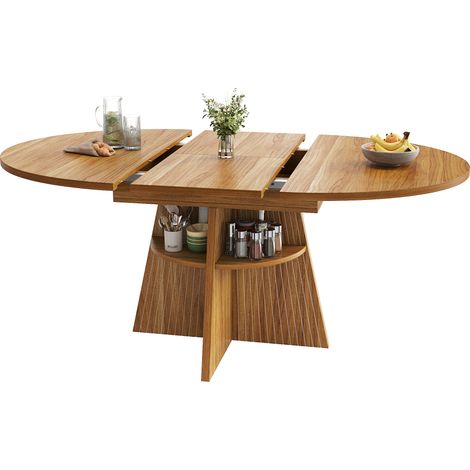 ELVMI Mesa de Comedor Extensible con Estante Abierto, Tablero Grueso y Esquinas Redondeadas, MDF y Metal, Marrón Oscuro (1/5)