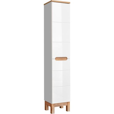 Spaltenschrank Badezimmer ERMANO – Helles Eichenholz und Hochglanzweiß – 35x187 cm – 1 Tür – Zum Aufstellen