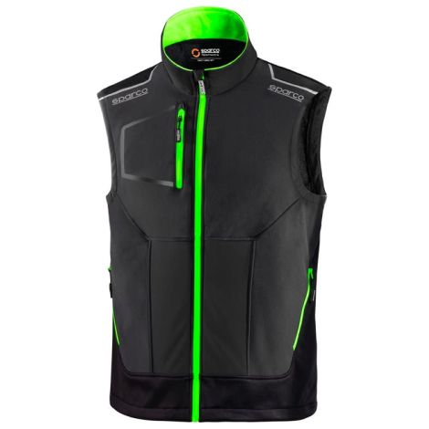 Gilet technique Sparco Tech Light Vest Illinois gris fonce'/vert fluorescent taille S avec renforts et bandes haute visibilite' fermeture e'clair centrale e'tanche Grigio Scuro/Verde Fluo S