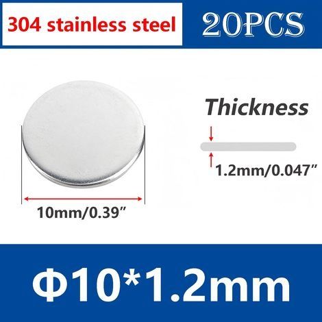 20 Pièces Ronde Rondelles Plates, 304 Plaque Circulaire en Acier Inoxydable, Plaque Ronde en Métal, Diamètre 10mm, Épaisseur 1,2mm (1/5)
