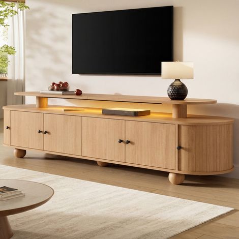 Mueble de TV ovalado de 180x40x48 cm con iluminación LED, puertas correderas y espacio de almacenamiento, MDF efecto madera - natural (1/5)