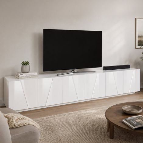 Dmora - Mueble de televisión Dgil, Aparador bajo para salón, base soporte TV, 100% Made in Italy, cm 244x44h46, Blanco brillo (1/5)